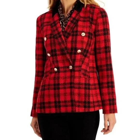 [Charter Club] Red Black Tartan Plaid Double Breasted Blazer Jacket Holiday 10 - Picture 1 of 13